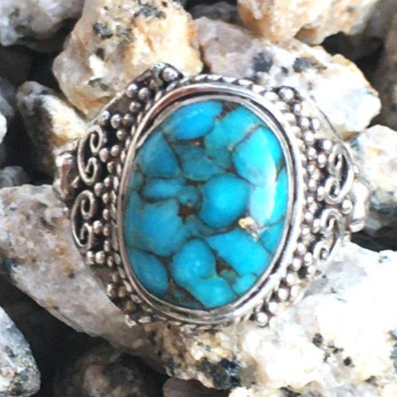 Blue Copper Turquoise .925 Ring Ornate Silver - Picture 1 of 16